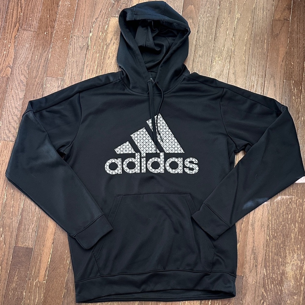 Adidas Men's Black Hoodie with white Logo on front, Size Large